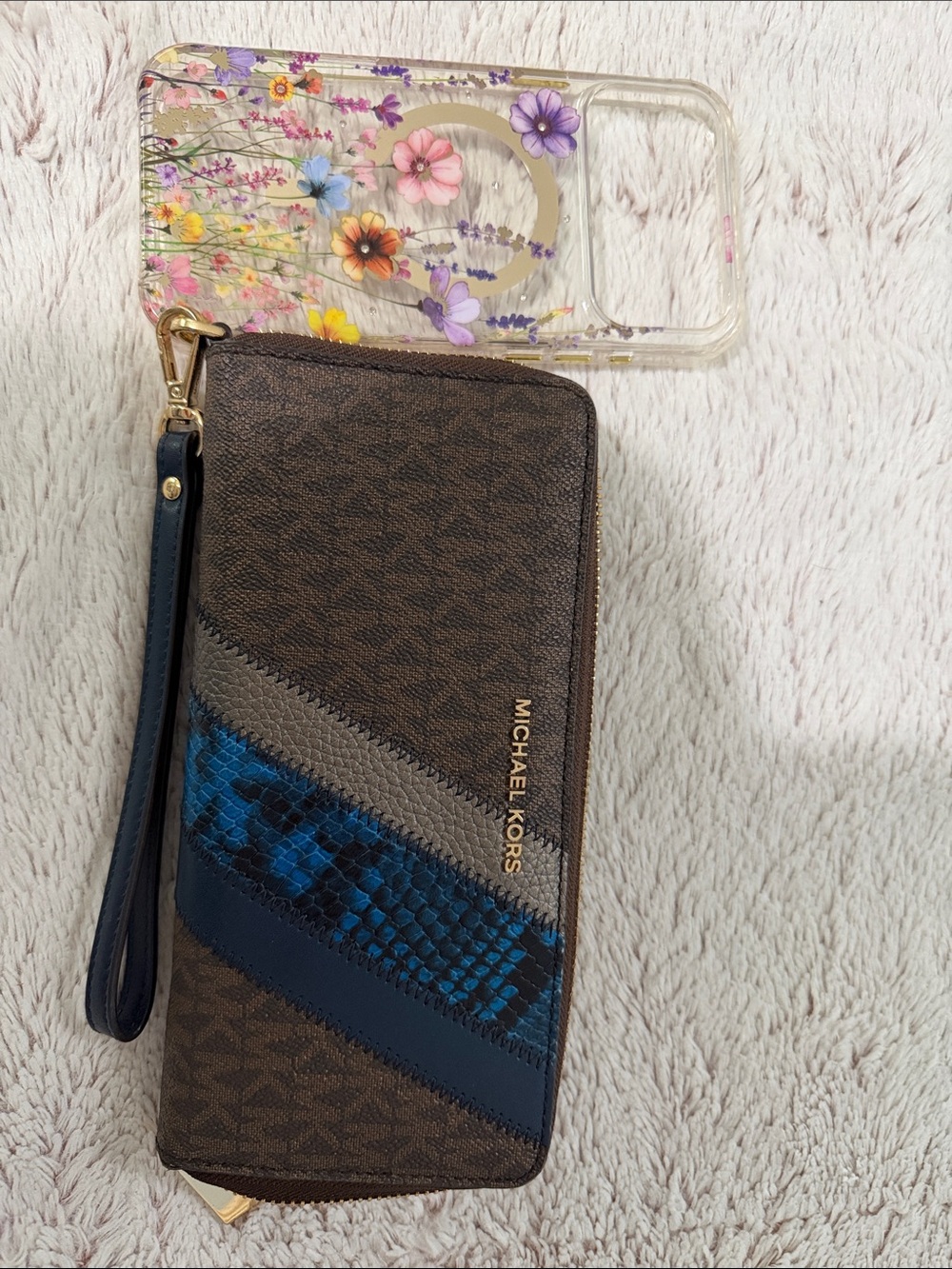 Michael Kors Brown with Blue Accent Zip Wristlet Wallet